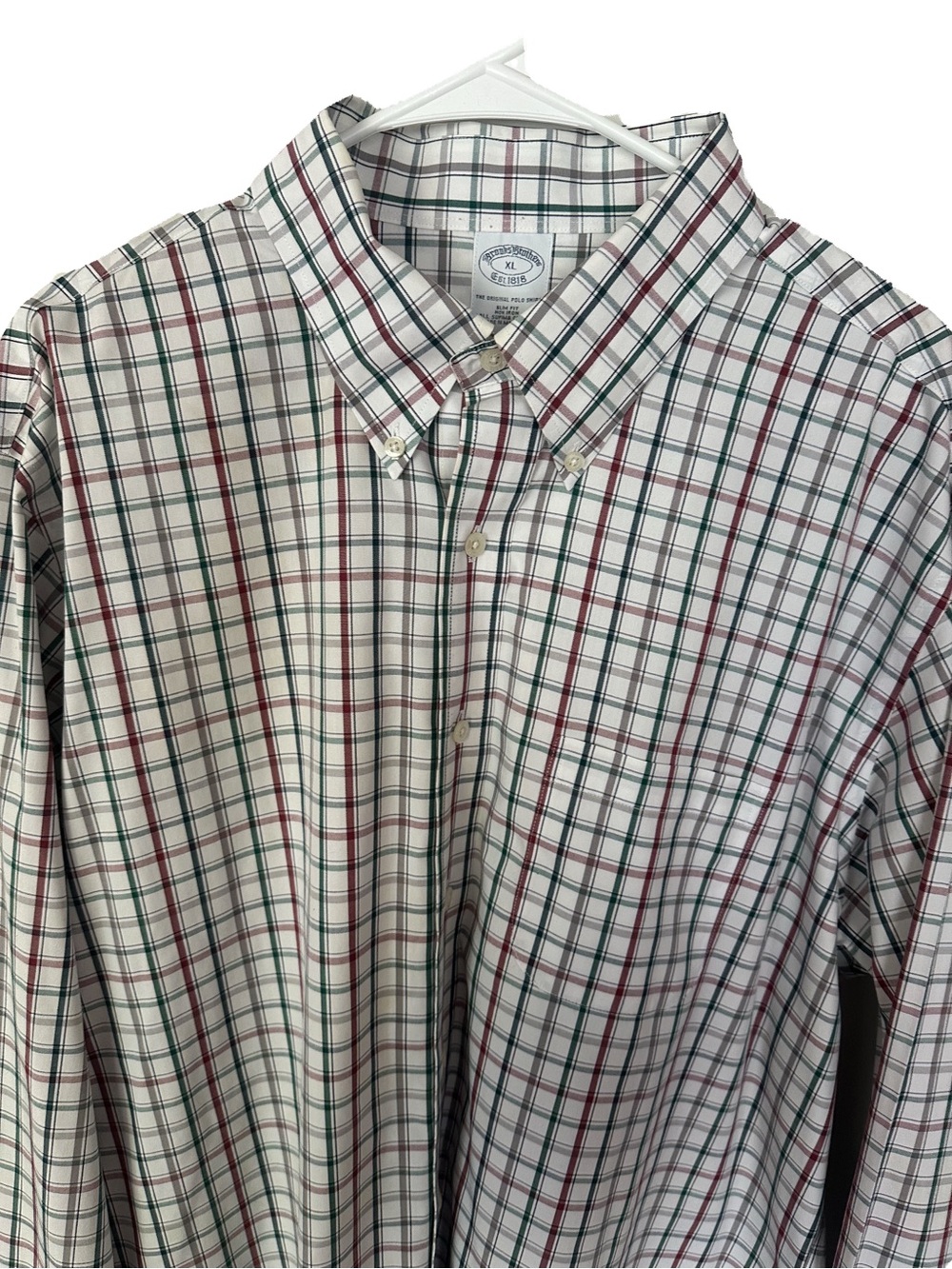 Brooks Brothers White Button-Down Shirt with Red & Green Plaid